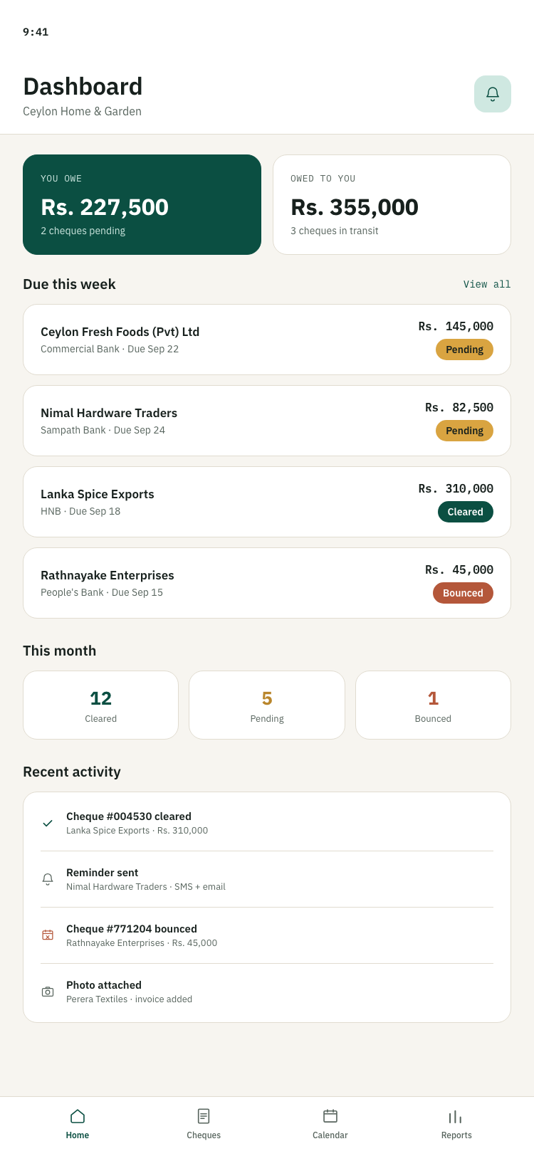 Cheque Management System dashboard showing pending cheques, what's owed, and recent activity