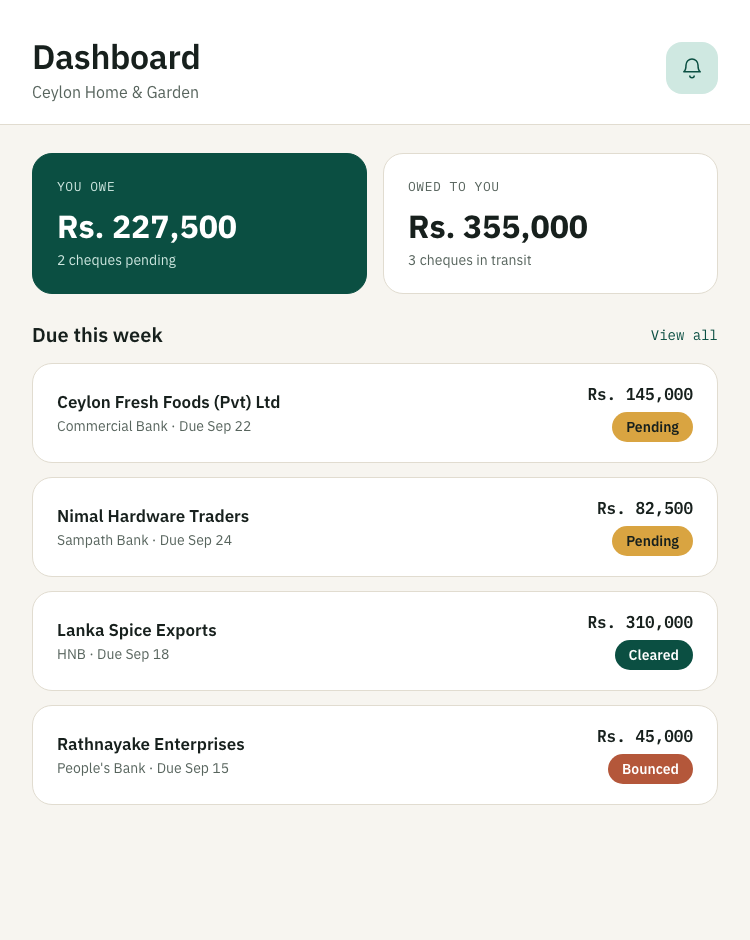 Dashboard showing what you owe, what's owed to you, and cheques due this week